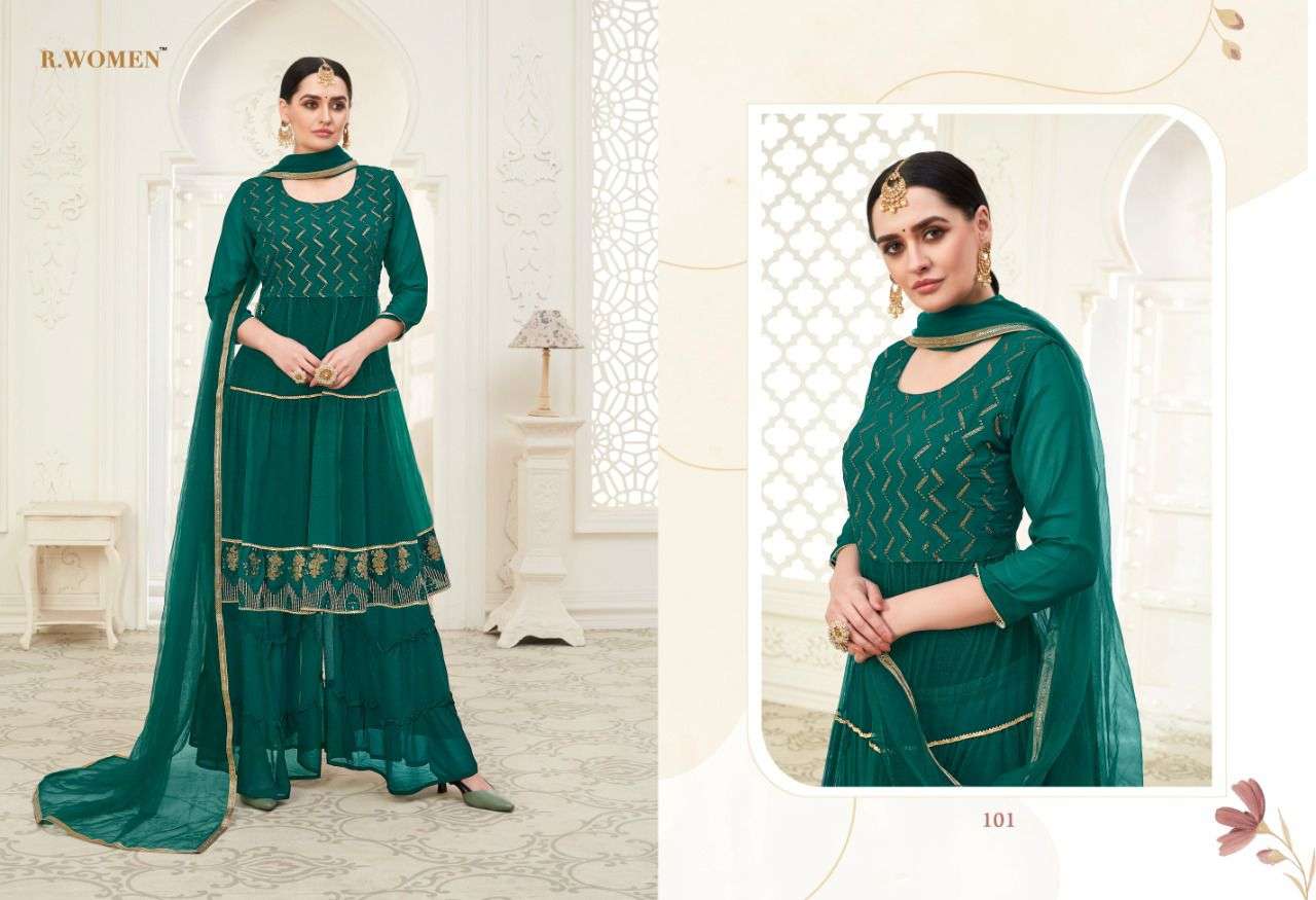 MOON FLOWER BY RANI TRENDZ 101 TO 104 SERIES BEAUTIFUL STYLISH SHARARA SUITS FANCY COLORFUL CASUAL WEAR & ETHNIC WEAR & READY TO WEAR GEORGETTE/BUTTERFLY NET DRESSES AT WHOLESALE PRICE