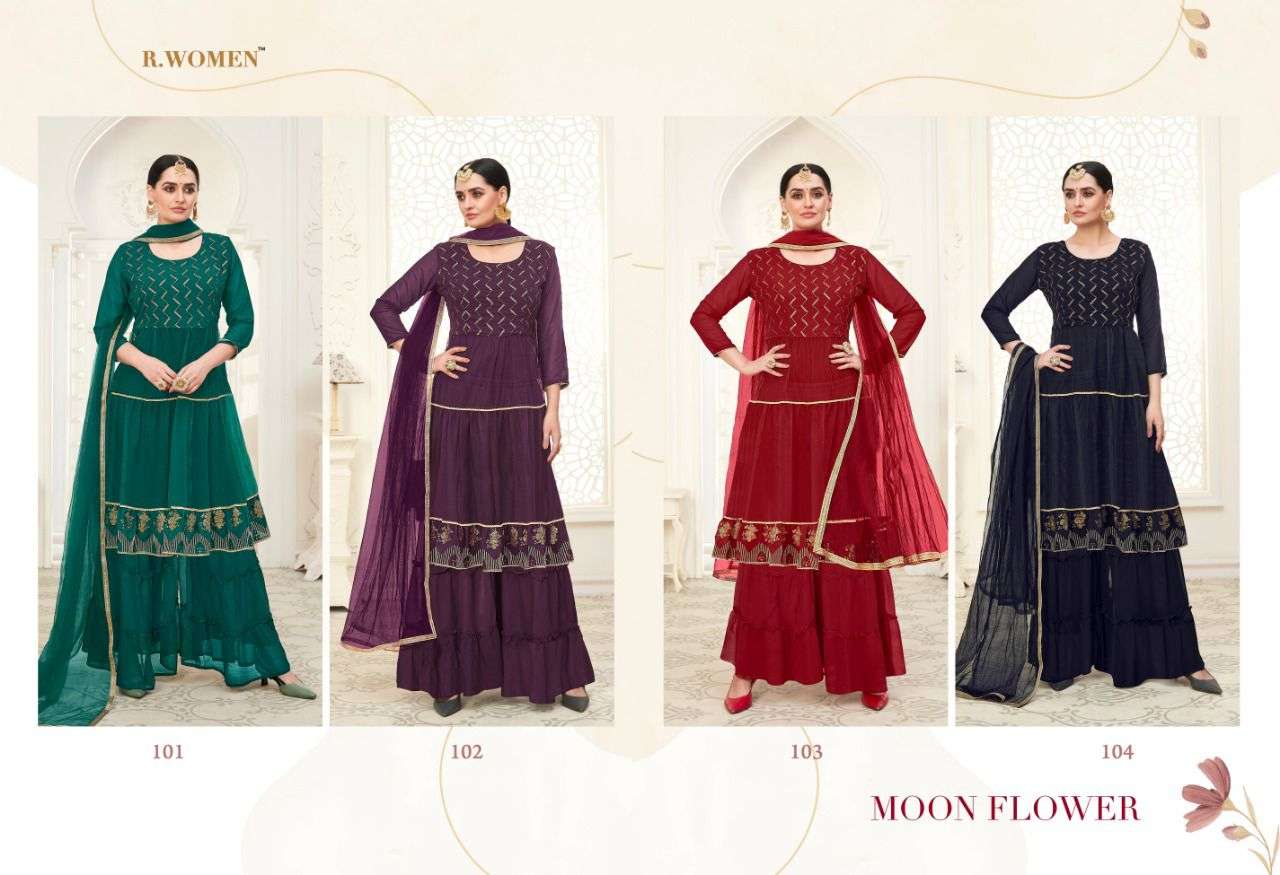 MOON FLOWER BY RANI TRENDZ 101 TO 104 SERIES BEAUTIFUL STYLISH SHARARA SUITS FANCY COLORFUL CASUAL WEAR & ETHNIC WEAR & READY TO WEAR GEORGETTE/BUTTERFLY NET DRESSES AT WHOLESALE PRICE