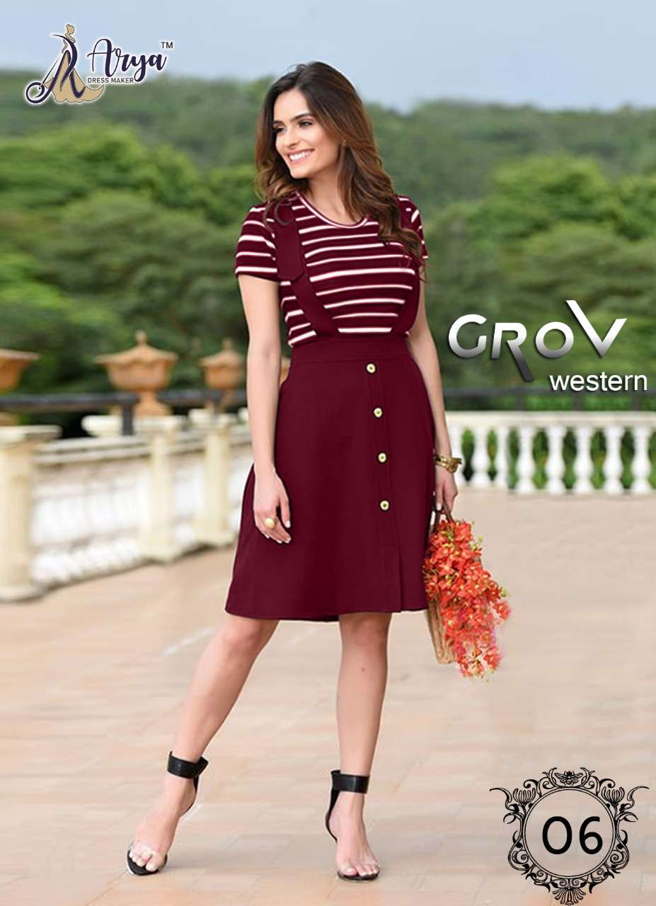 GROVE BY ARYA DRESS MAKER 01 TO 06 SERIES BEAUTIFUL STYLISH FANCY COLORFUL CASUAL WEAR & ETHNIC WEAR COTTON LYCRA TOPS WITH SKIRT AT WHOLESALE PRICE