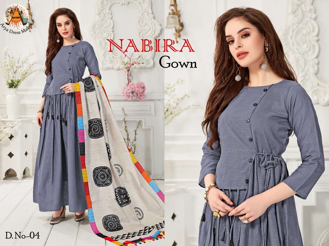 NABIRA BY ARYA DRESS MAKER 01 TO 06 SERIES BEAUTIFUL STYLISH FANCY COLORFUL CASUAL WEAR & ETHNIC WEAR SLUB COTTON GOWNS WITH DUPATTA AT WHOLESALE PRICE