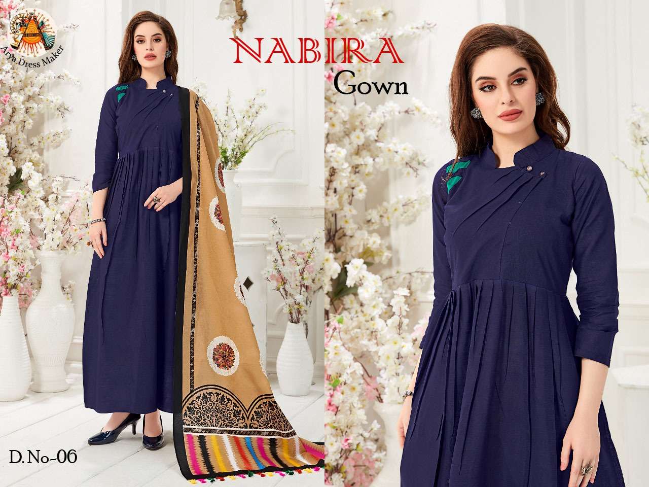 NABIRA BY ARYA DRESS MAKER 01 TO 06 SERIES BEAUTIFUL STYLISH FANCY COLORFUL CASUAL WEAR & ETHNIC WEAR SLUB COTTON GOWNS WITH DUPATTA AT WHOLESALE PRICE