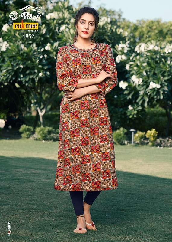 RUKMEE VOL-18 BY PALAV 1850 TO 1859 SERIES DESIGNER STYLISH FANCY COLORFUL BEAUTIFUL PARTY WEAR & ETHNIC WEAR COLLECTION RAYON KURTIS AT WHOLESALE PRICE