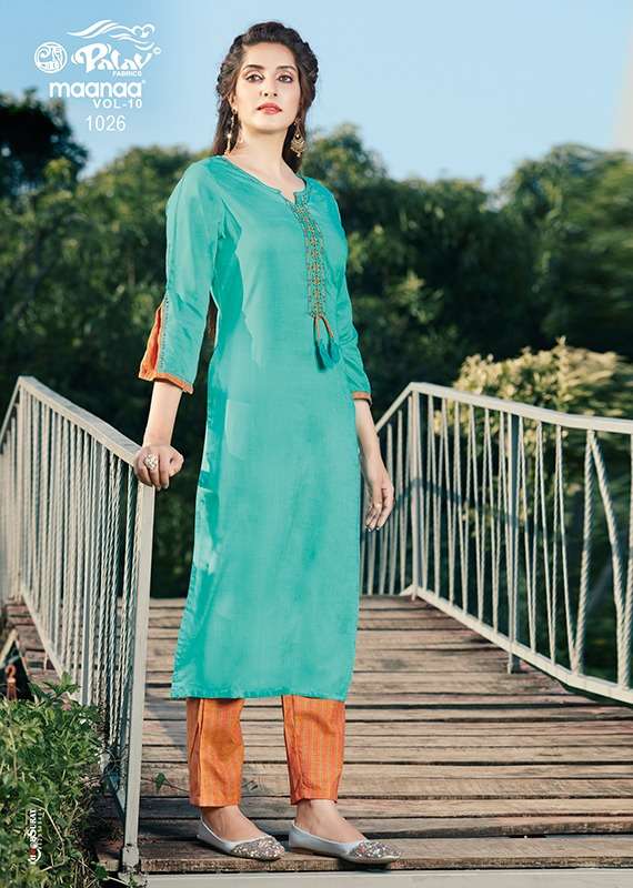 MAANAA VOL-10 BY PALAV 1025 TO 1030 SERIES STYLISH FANCY BEAUTIFUL COLORFUL CASUAL WEAR & ETHNIC WEAR RAYON KURTIS WITH BOTTOM AT WHOLESALE PRICE
