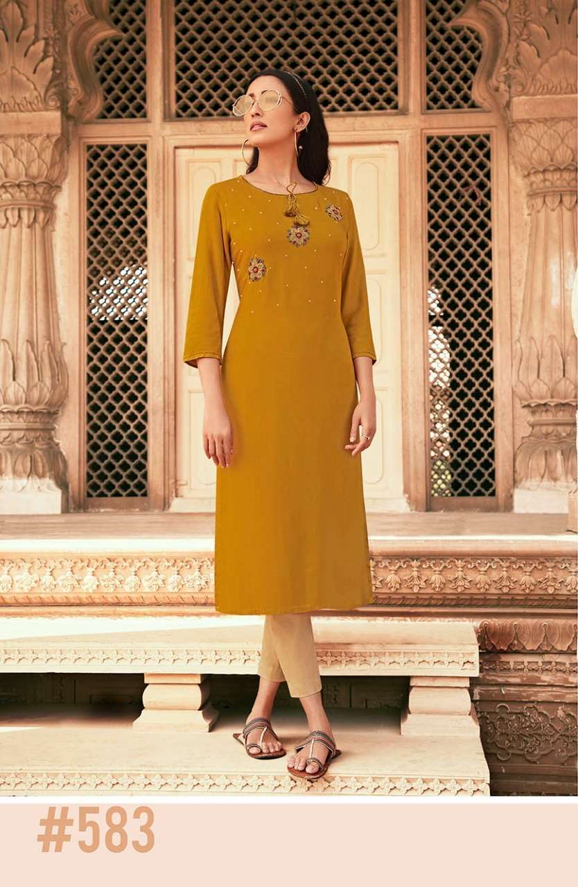 9 SERIES VOL-5 BY RADHAK FASHION 575 TO 584 SERIES DESIGNER STYLISH FANCY COLORFUL BEAUTIFUL PARTY WEAR & ETHNIC WEAR COLLECTION RAYON HANDWORK KURTIS AT WHOLESALE PRICE