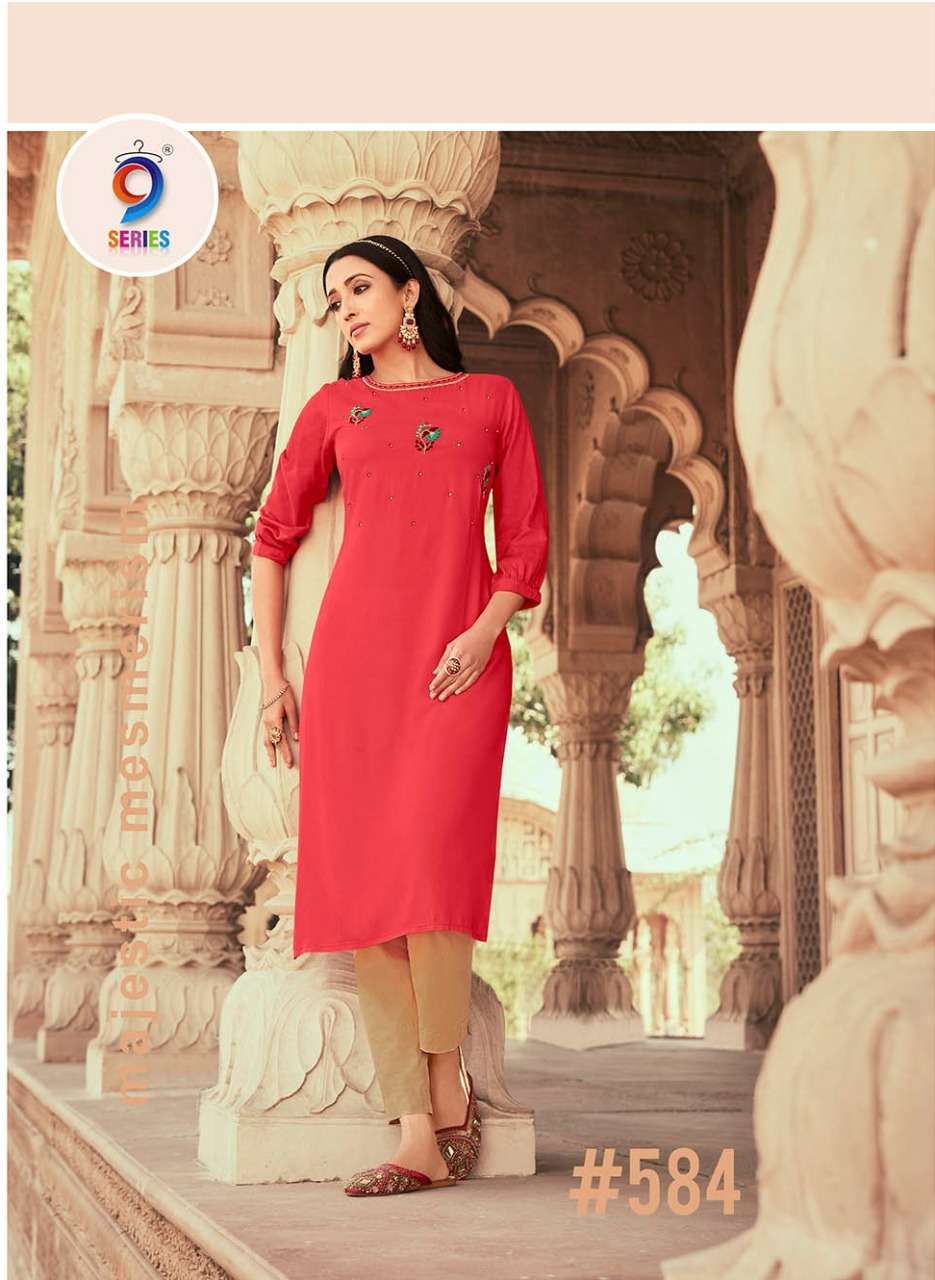 9 SERIES VOL-5 BY RADHAK FASHION 575 TO 584 SERIES DESIGNER STYLISH FANCY COLORFUL BEAUTIFUL PARTY WEAR & ETHNIC WEAR COLLECTION RAYON HANDWORK KURTIS AT WHOLESALE PRICE