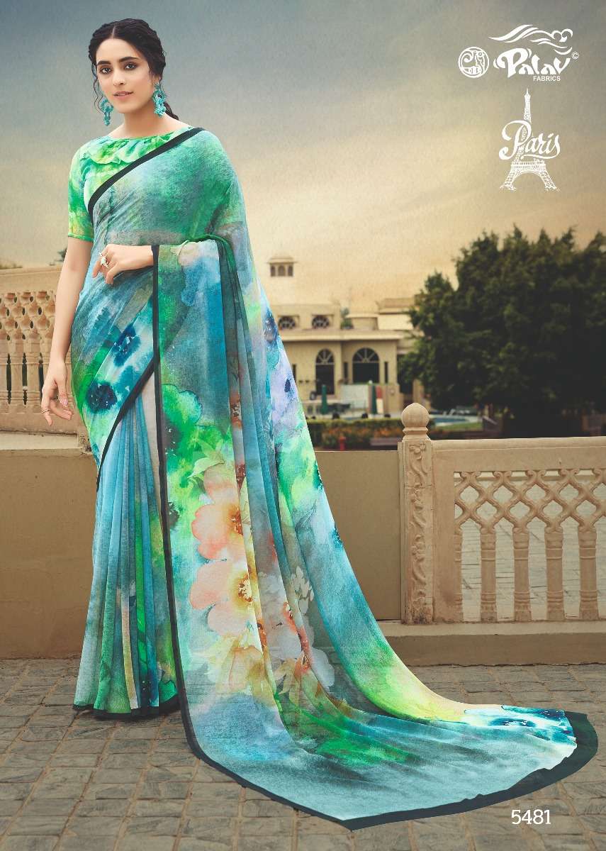 PARIS BY PALAV 5475 TO 5484 SERIES INDIAN TRADITIONAL WEAR COLLECTION BEAUTIFUL STYLISH FANCY COLORFUL PARTY WEAR & OCCASIONAL WEAR PURE GEORGETTE SAREES AT WHOLESALE PRICE