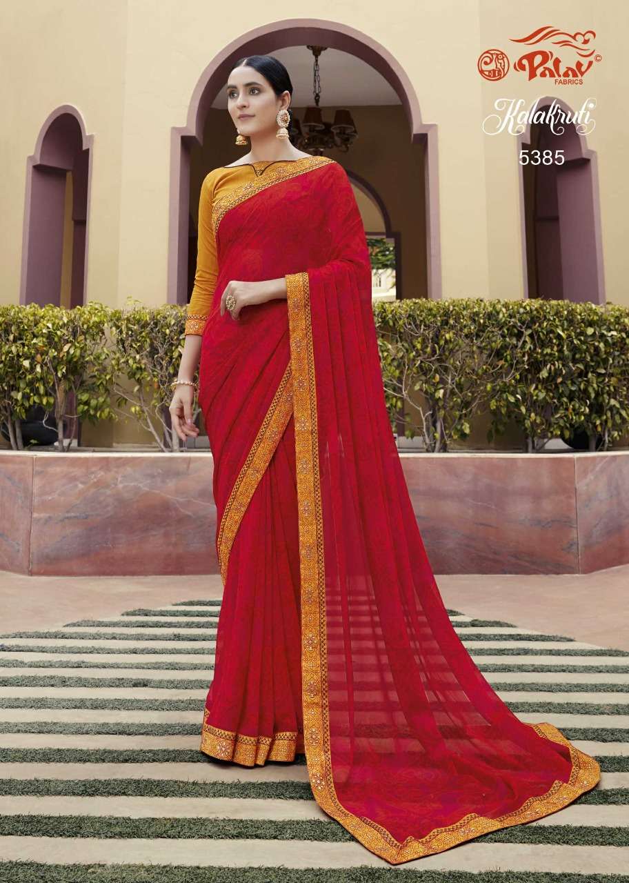 KALAKRUTI BY PALAV 5375 TO 5392 SERIES INDIAN TRADITIONAL WEAR COLLECTION BEAUTIFUL STYLISH FANCY COLORFUL PARTY WEAR & OCCASIONAL WEAR GEORGETTE/CHIFFONSAREES AT WHOLESALE PRICE