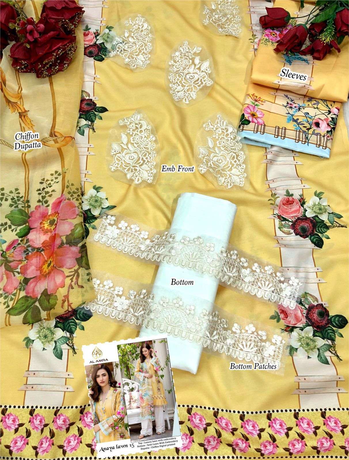 ANAYA LAWN 15 BY AL AMRA PAKISTANI SUITS BEAUTIFUL FANCY COLORFUL STYLISH PARTY WEAR & OCCASIONAL WEAR LUXURY LAWN DIGITAL PRINT WITH EMBROIDERY DRESSES AT WHOLESALE PRICE