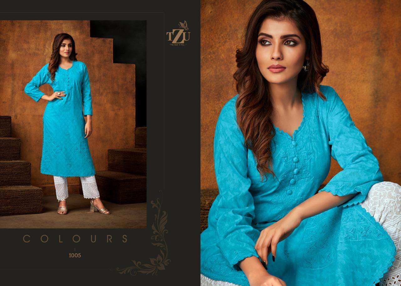 COLOURS BY TZU 1001 TO 1006 SERIES DESIGNER STYLISH FANCY COLORFUL BEAUTIFUL PARTY WEAR & ETHNIC WEAR COLLECTION COTTON EMBROIDERY KURTIS AT WHOLESALE PRICE