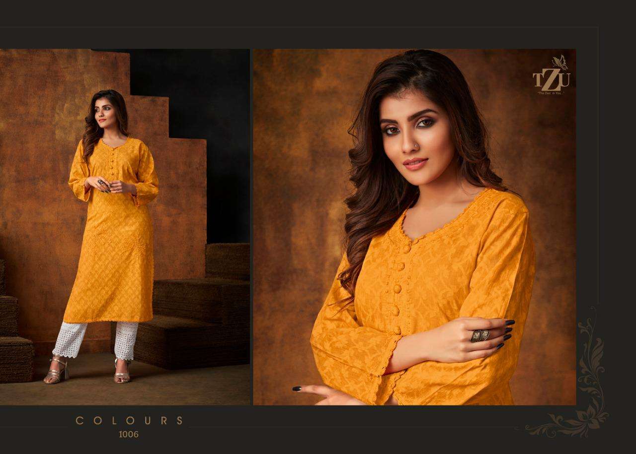 COLOURS BY TZU 1001 TO 1006 SERIES DESIGNER STYLISH FANCY COLORFUL BEAUTIFUL PARTY WEAR & ETHNIC WEAR COLLECTION COTTON EMBROIDERY KURTIS AT WHOLESALE PRICE