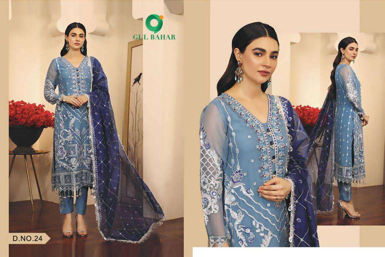 ADEEL VOL-1 BY GUL BAHAR 21 TO 25 SERIES DESIGNER PAKISTANI SUITS BEAUTIFUL FANCY COLORFUL STYLISH PARTY WEAR & OCCASIONAL WEAR HEAVY BUTTERFLY NET EMBROIDERED DRESSES AT WHOLESALE PRICE