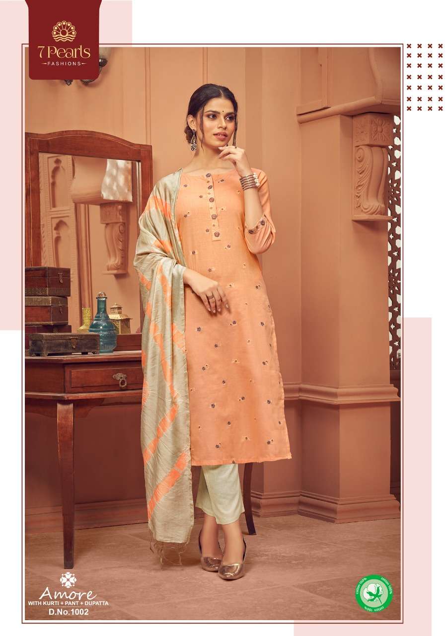 AMORE BY 7 PEARLS 1001 TO 1004 SERIES BEAUTIFUL SUITS COLORFUL STYLISH FANCY CASUAL WEAR & ETHNIC WEAR PURE COTTON EMBROIDERED DRESSES AT WHOLESALE PRICE