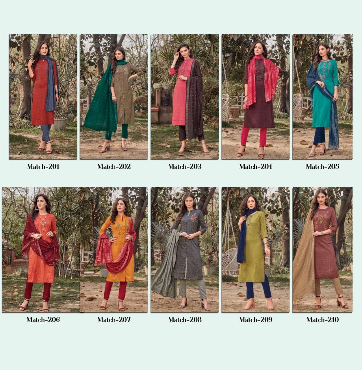 MATCH VOL-2 BY RANGMAYA 201 TO 210 SERIES BEAUTIFUL SUITS COLORFUL STYLISH FANCY CASUAL WEAR & ETHNIC WEAR RAYON DRESSES AT WHOLESALE PRICE
