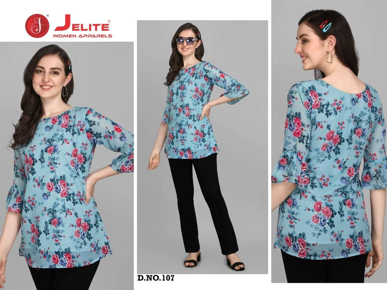 GEORGETTE TUNICS VOL-2 BY JELITE 107 TO 112 SERIES BEAUTIFUL STYLISH FANCY COLORFUL CASUAL WEAR & ETHNIC WEAR WEIGHTLESS GEORGETTE TOPS AT WHOLESALE PRICE