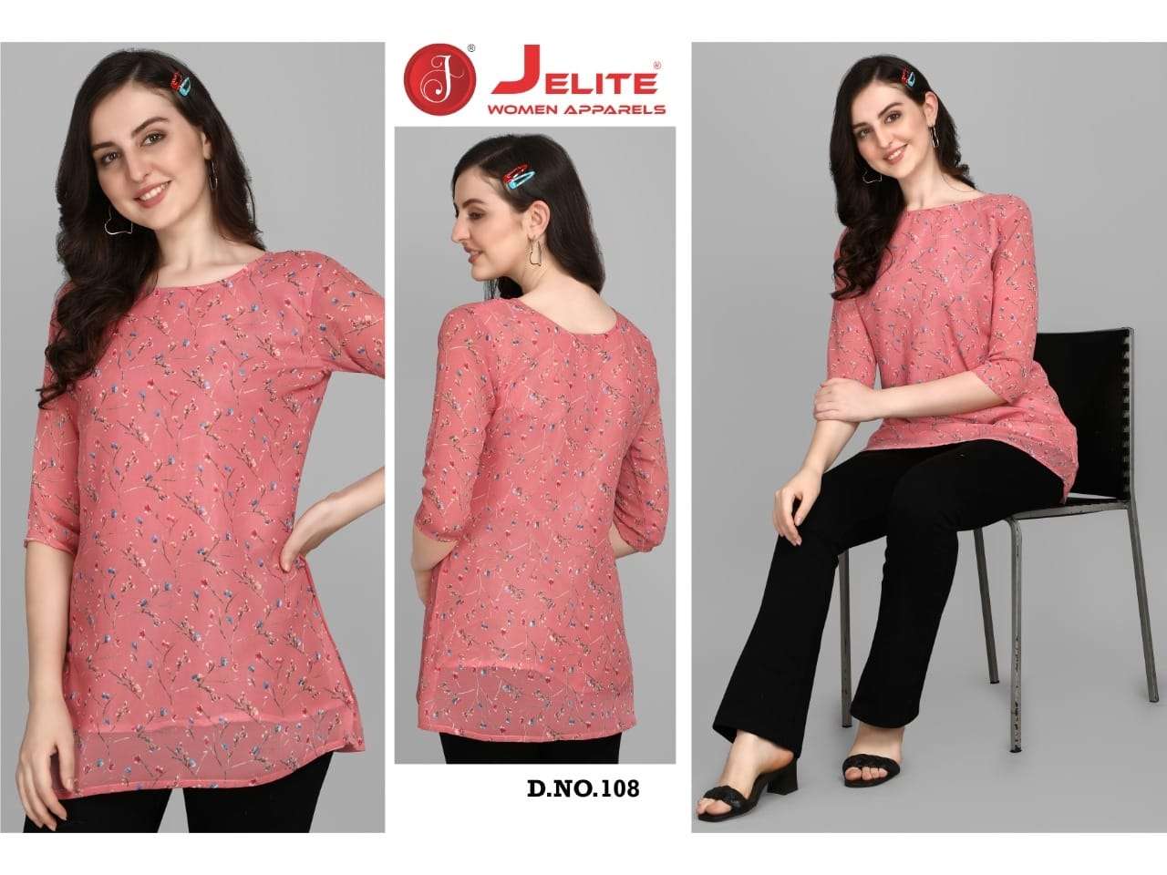 GEORGETTE TUNICS VOL-2 BY JELITE 107 TO 112 SERIES BEAUTIFUL STYLISH FANCY COLORFUL CASUAL WEAR & ETHNIC WEAR WEIGHTLESS GEORGETTE TOPS AT WHOLESALE PRICE