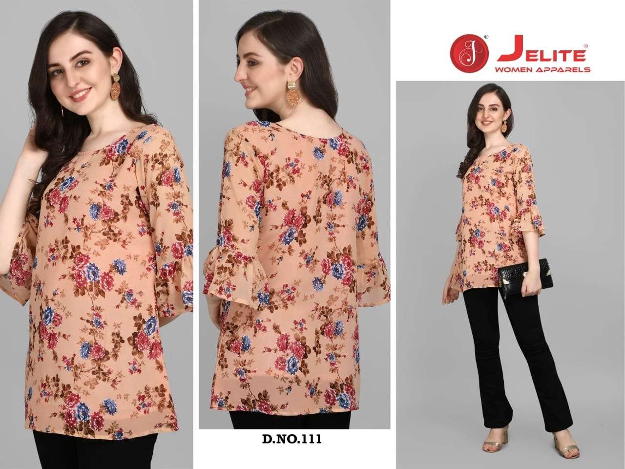 GEORGETTE TUNICS VOL-2 BY JELITE 107 TO 112 SERIES BEAUTIFUL STYLISH FANCY COLORFUL CASUAL WEAR & ETHNIC WEAR WEIGHTLESS GEORGETTE TOPS AT WHOLESALE PRICE