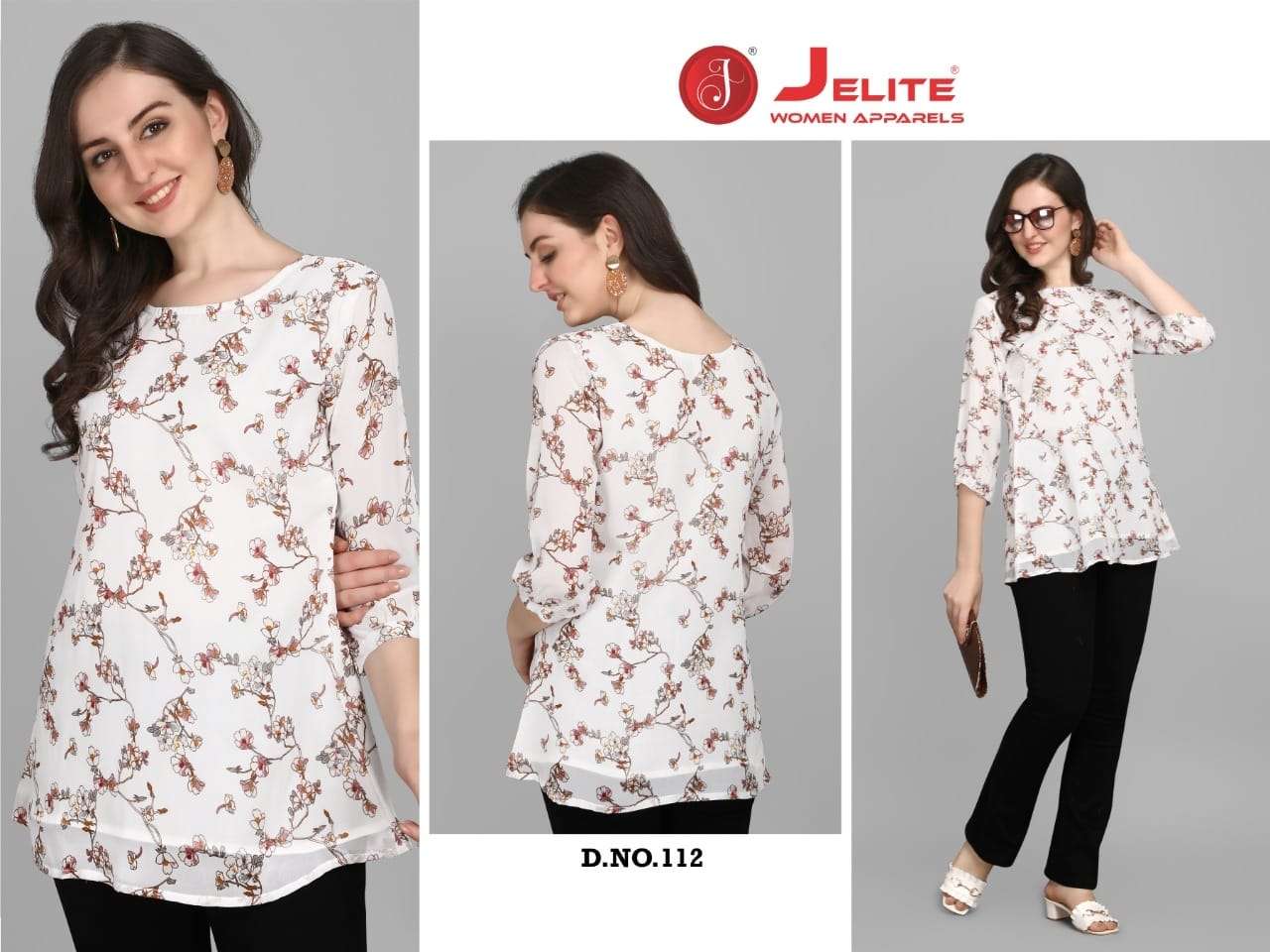 GEORGETTE TUNICS VOL-2 BY JELITE 107 TO 112 SERIES BEAUTIFUL STYLISH FANCY COLORFUL CASUAL WEAR & ETHNIC WEAR WEIGHTLESS GEORGETTE TOPS AT WHOLESALE PRICE