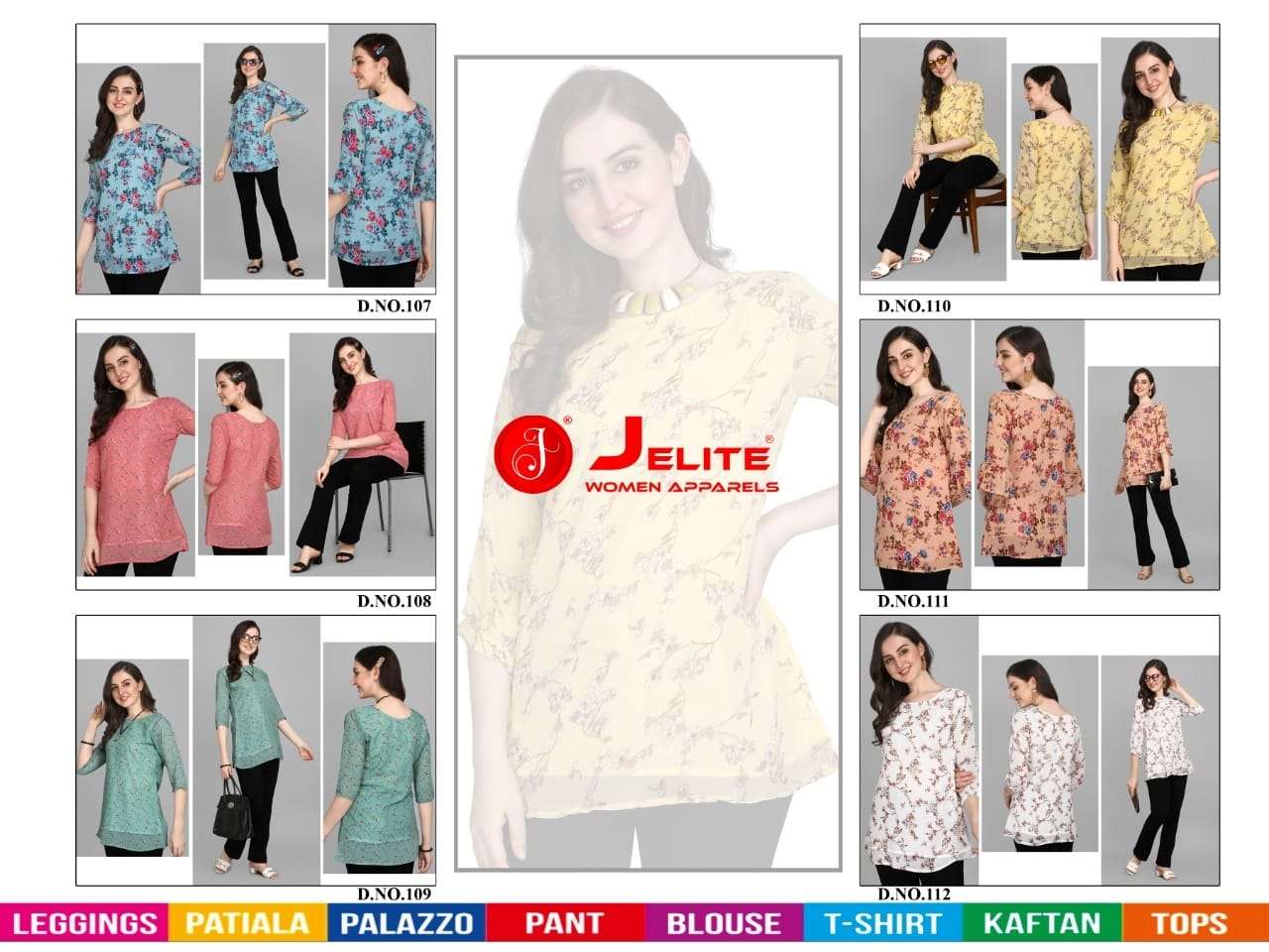 GEORGETTE TUNICS VOL-2 BY JELITE 107 TO 112 SERIES BEAUTIFUL STYLISH FANCY COLORFUL CASUAL WEAR & ETHNIC WEAR WEIGHTLESS GEORGETTE TOPS AT WHOLESALE PRICE
