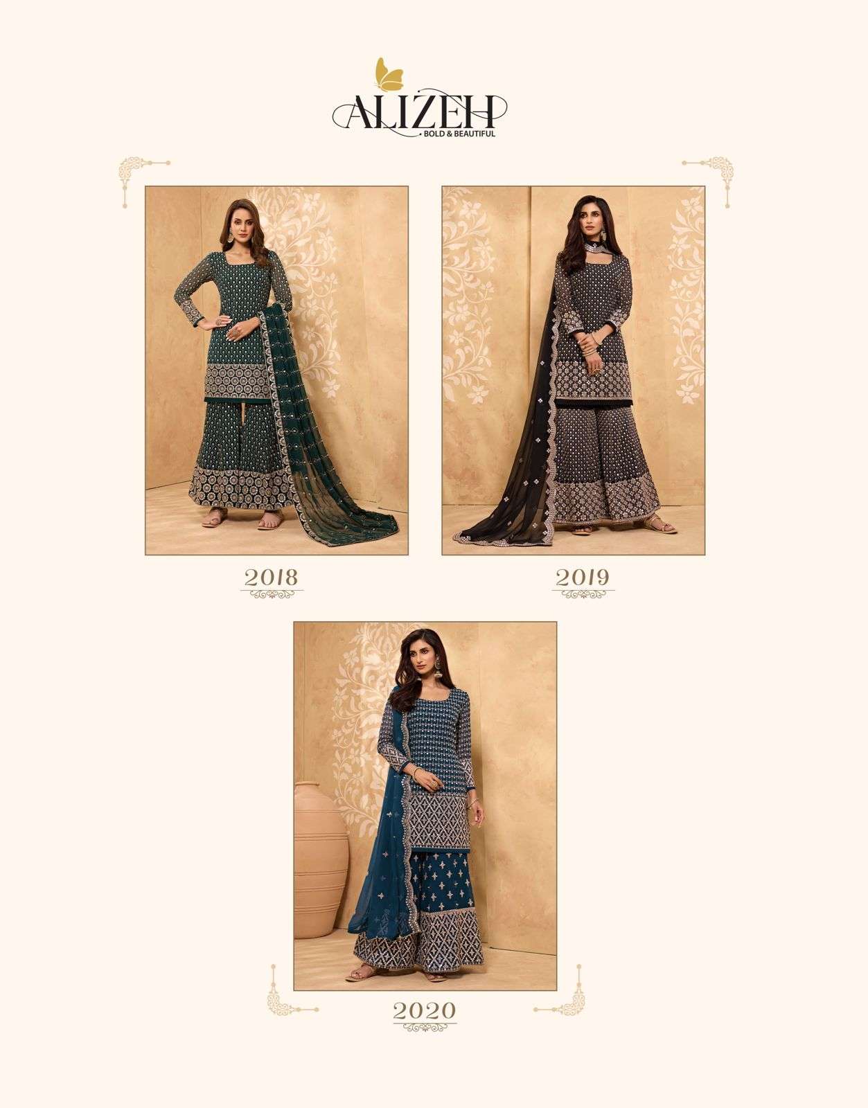 ZAIDA VOL-5 BY ALIZEH 2018 TO 2020 SERIES BEAUTIFUL STYLISH SHARARA SUITS FANCY COLORFUL CASUAL WEAR & ETHNIC WEAR & READY TO WEAR GEORGETTE EMBROIDERED DRESSES AT WHOLESALE PRICE