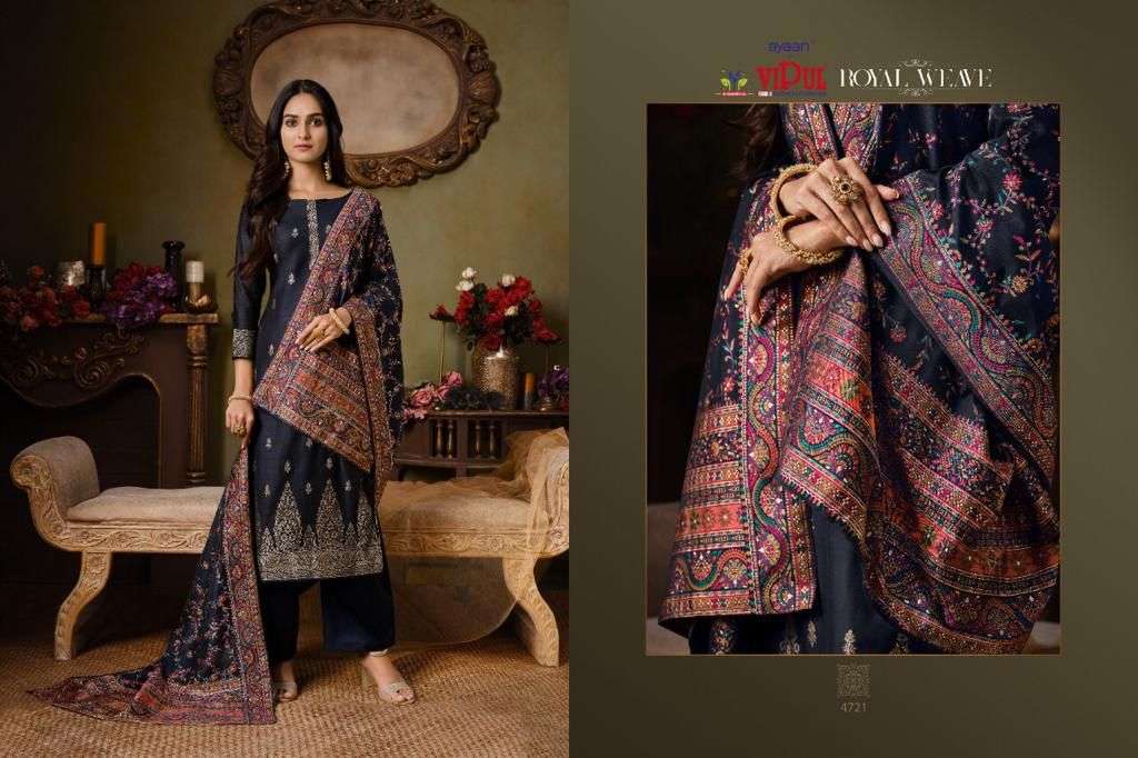 ROYAL WEAVE BY VIPUL FASHION 4721 TO 4726 SERIES BEAUTIFUL STYLISH SUITS FANCY COLORFUL CASUAL WEAR & ETHNIC WEAR & READY TO WEAR TWO TONE SILK JACQUARD DRESSES AT WHOLESALE PRICE
