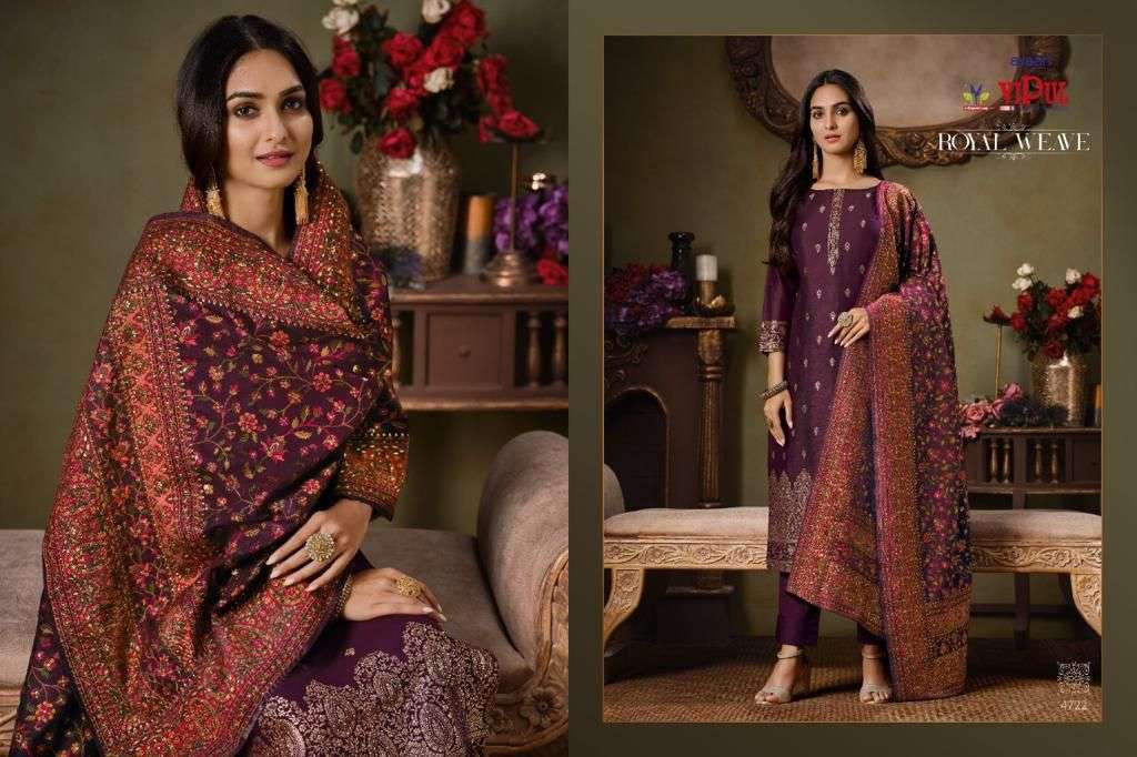 ROYAL WEAVE BY VIPUL FASHION 4721 TO 4726 SERIES BEAUTIFUL STYLISH SUITS FANCY COLORFUL CASUAL WEAR & ETHNIC WEAR & READY TO WEAR TWO TONE SILK JACQUARD DRESSES AT WHOLESALE PRICE