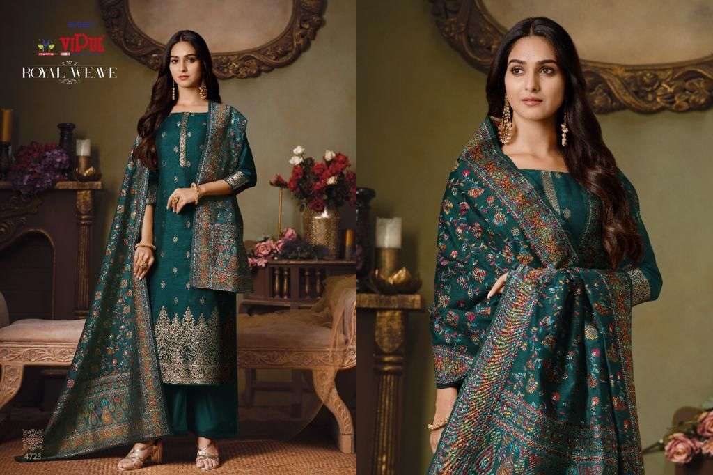 ROYAL WEAVE BY VIPUL FASHION 4721 TO 4726 SERIES BEAUTIFUL STYLISH SUITS FANCY COLORFUL CASUAL WEAR & ETHNIC WEAR & READY TO WEAR TWO TONE SILK JACQUARD DRESSES AT WHOLESALE PRICE