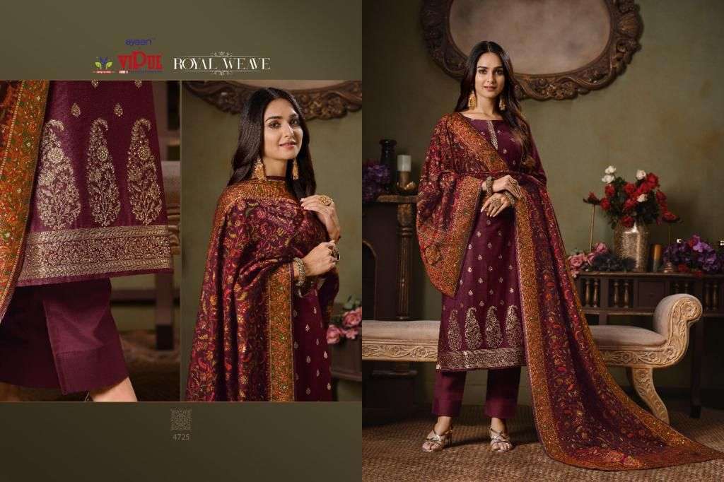 ROYAL WEAVE BY VIPUL FASHION 4721 TO 4726 SERIES BEAUTIFUL STYLISH SUITS FANCY COLORFUL CASUAL WEAR & ETHNIC WEAR & READY TO WEAR TWO TONE SILK JACQUARD DRESSES AT WHOLESALE PRICE