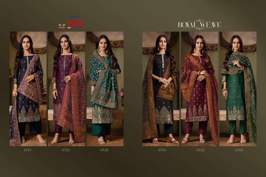 ROYAL WEAVE BY VIPUL FASHION 4721 TO 4726 SERIES BEAUTIFUL STYLISH SUITS FANCY COLORFUL CASUAL WEAR & ETHNIC WEAR & READY TO WEAR TWO TONE SILK JACQUARD DRESSES AT WHOLESALE PRICE
