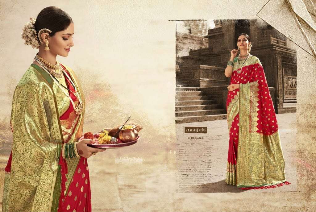 VANDANA BY MANJULA 3009-A TO 3009-G SERIES INDIAN TRADITIONAL WEAR COLLECTION BEAUTIFUL STYLISH FANCY COLORFUL PARTY WEAR & OCCASIONAL WEAR SILK SAREES AT WHOLESALE PRICE