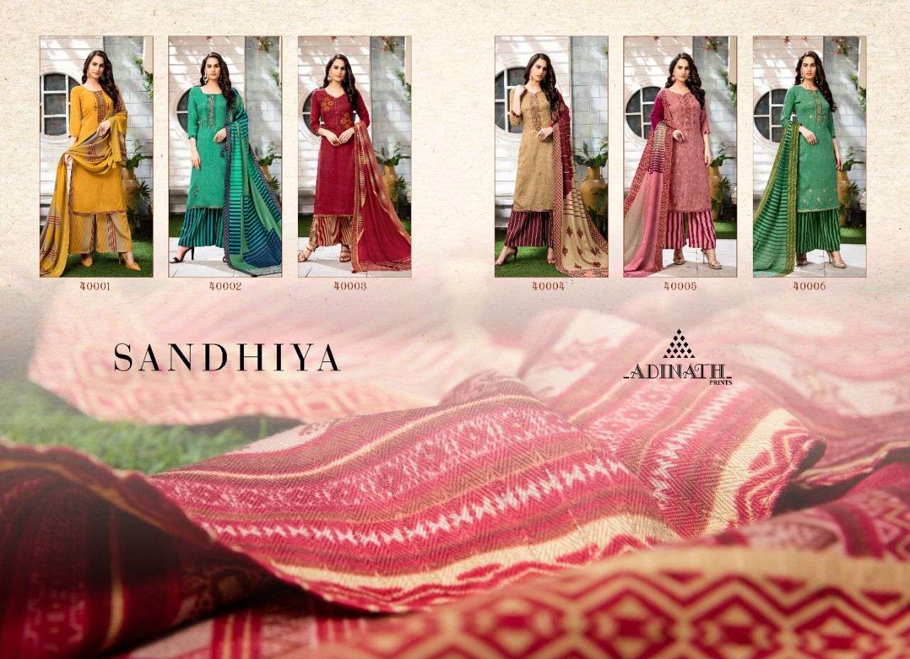 SANDHYA BY ADINATH PRINTS 40001 TO 40006 SERIES BEAUTIFUL STYLISH SHARARA SUITS FANCY COLORFUL CASUAL WEAR & ETHNIC WEAR & READY TO WEAR PURE PASHMINA PRINT WITH EMBROIDERY DRESSES AT WHOLESALE PRICE