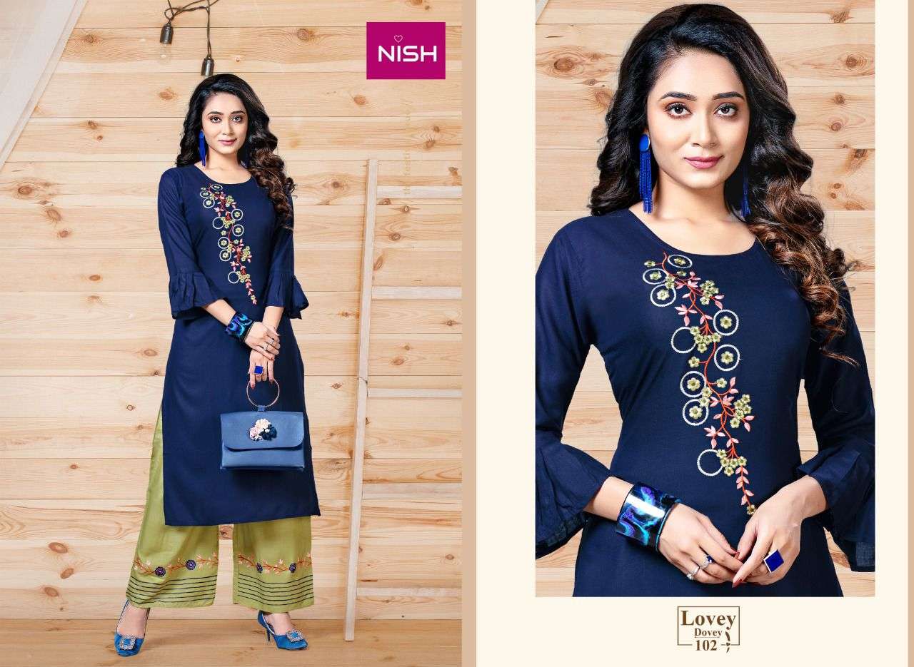 LOVEY DOVEY BY NISH 101 TO 106 SERIES DESIGNER STYLISH FANCY COLORFUL BEAUTIFUL PARTY WEAR & ETHNIC WEAR COLLECTION RAYON SLUB KURTIS WITH BOTTOM AT WHOLESALE PRICE