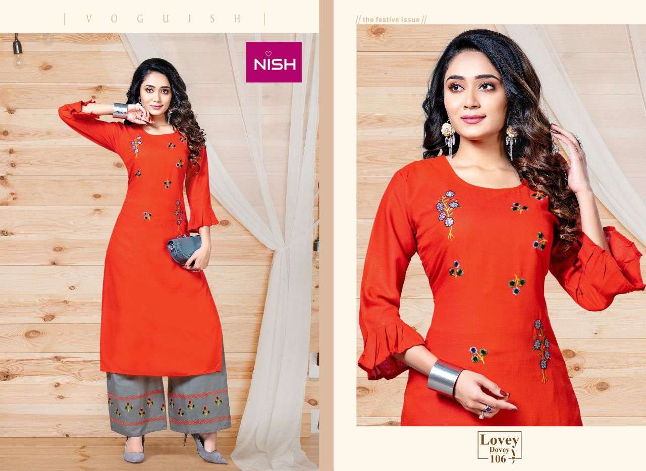 LOVEY DOVEY BY NISH 101 TO 106 SERIES DESIGNER STYLISH FANCY COLORFUL BEAUTIFUL PARTY WEAR & ETHNIC WEAR COLLECTION RAYON SLUB KURTIS WITH BOTTOM AT WHOLESALE PRICE