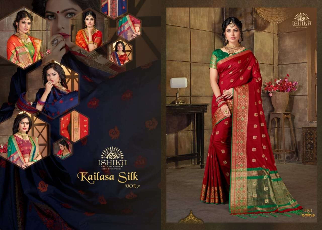 KAILASA SILK VOL-2 BY ISHIKA FASHION 1161 TO 1168 SERIES INDIAN TRADITIONAL WEAR COLLECTION BEAUTIFUL STYLISH FANCY COLORFUL PARTY WEAR & OCCASIONAL WEAR SOFT SILK SAREES AT WHOLESALE PRICE