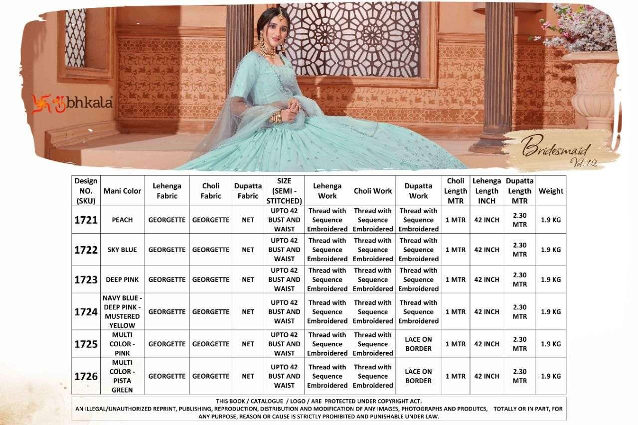 Bridesmaid Vol-12 By Shubhkala 1721 To 1726 Series Indian Traditional Beautiful Stylish Designer Banarasi Silk Jacquard Embroidered Party Wear Georgette Lehengas At Wholesale Price