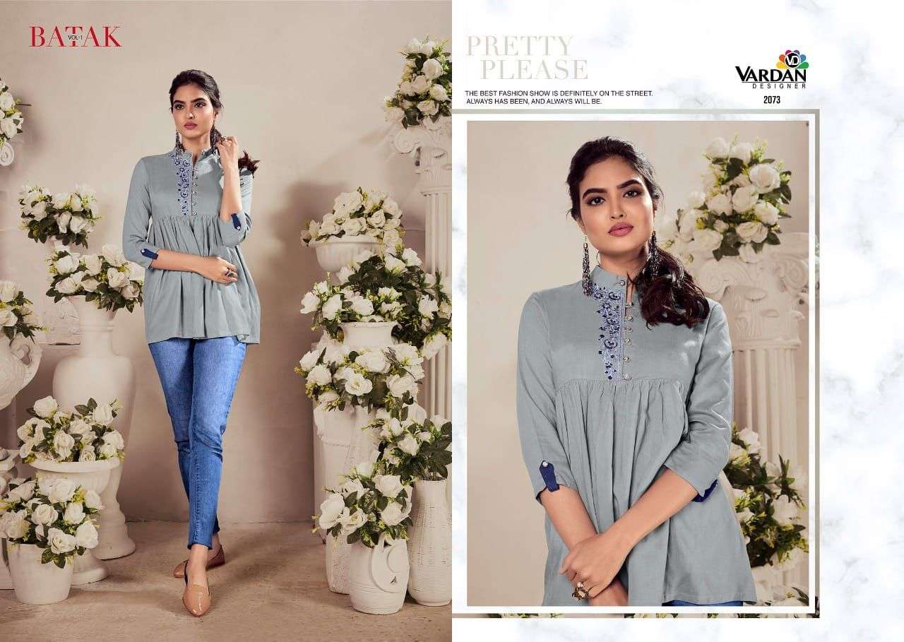 Batak Vol-1 By Vardan Designer 2071 To 2076 Series Beautiful Stylish Fancy Colorful Casual Wear & Ethnic Wear Heavy Rayon Tops At Wholesale Price