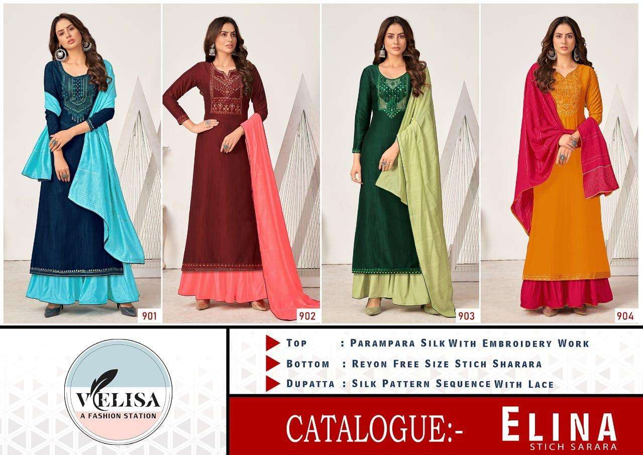 ELINA BY VELISA 901 TO 904 SERIES BEAUTIFUL SHARARA SUITS COLORFUL STYLISH FANCY CASUAL WEAR & ETHNIC WEAR PARAMPARA SILK EMBROIDERED DRESSES AT WHOLESALE PRICE