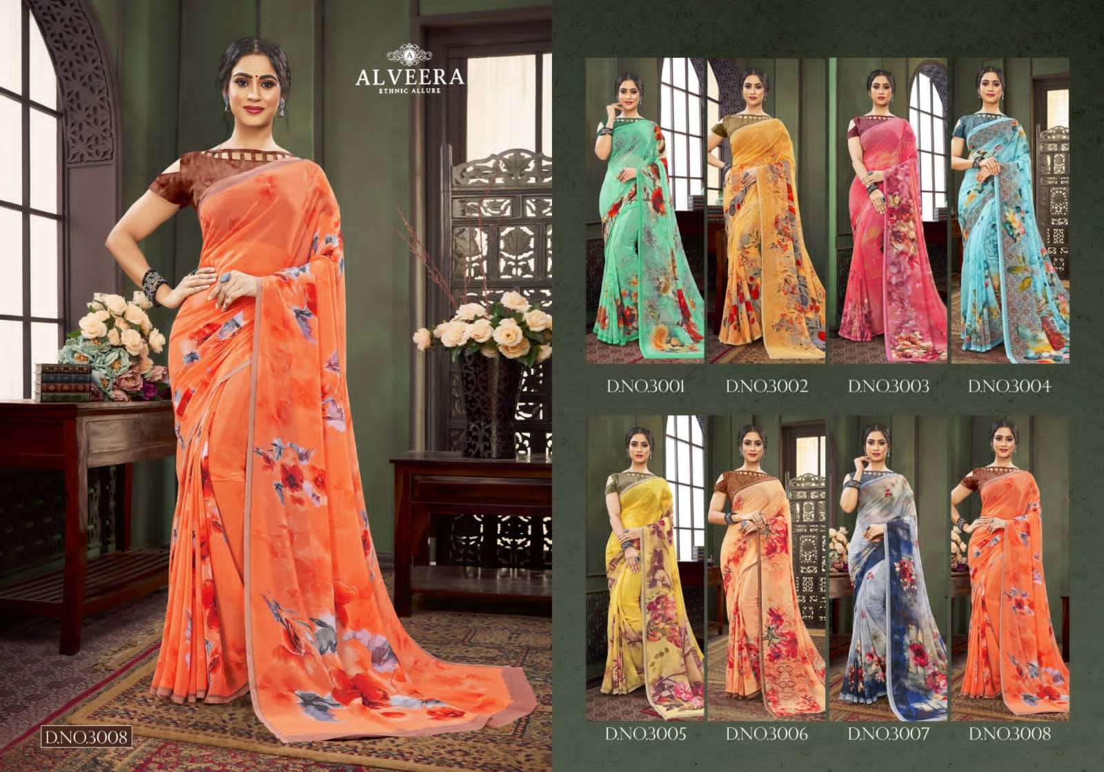 PRIYA VOL-3 BY ALVEERA 3001 TO 3008 SERIES INDIAN TRADITIONAL WEAR COLLECTION BEAUTIFUL STYLISH FANCY COLORFUL PARTY WEAR & OCCASIONAL WEAR GEORGETTE DIGITAL PRINT SAREES AT WHOLESALE PRICE