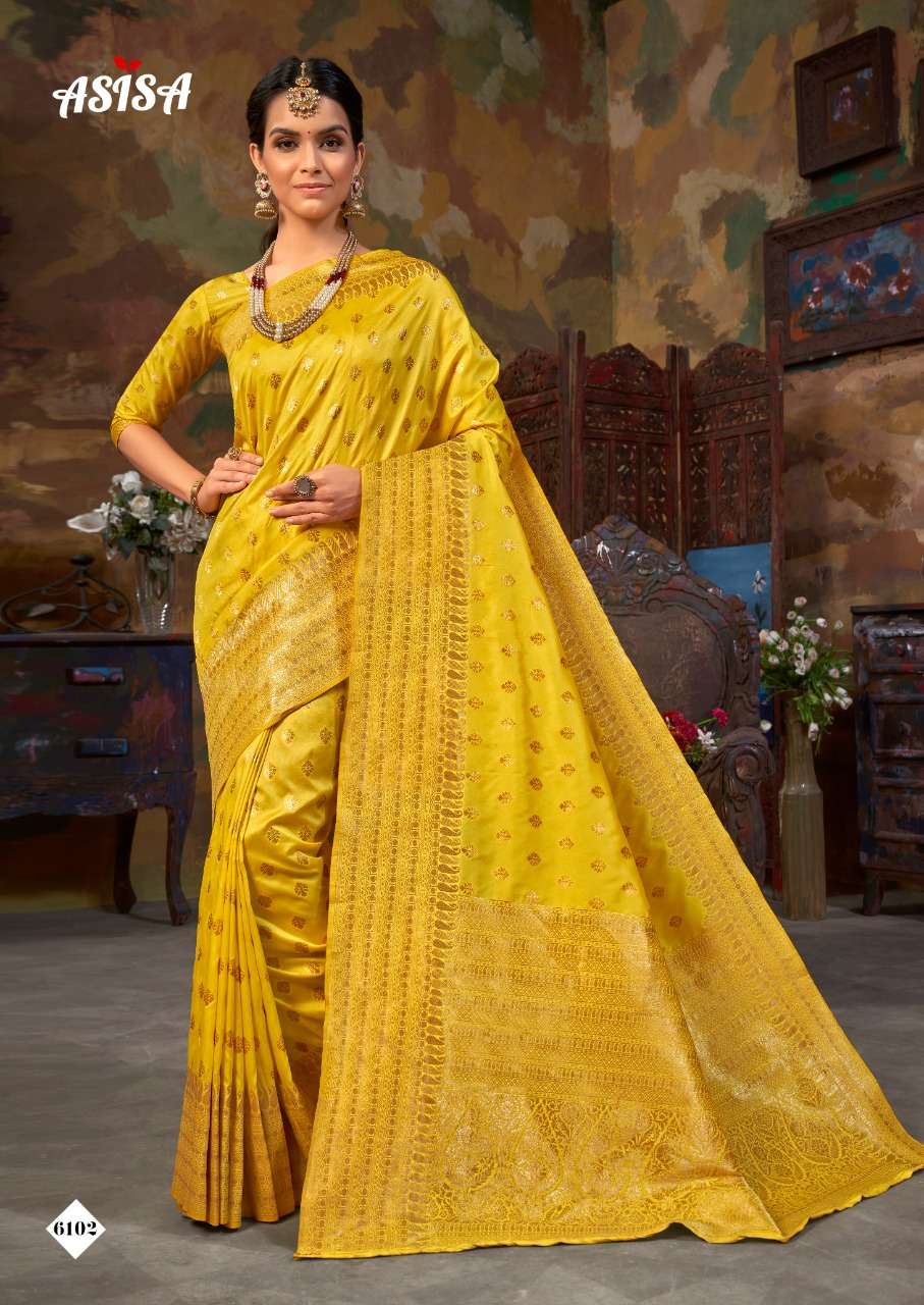 TULSI BY ASISA 6101 TO 6106 SERIES INDIAN TRADITIONAL WEAR COLLECTION BEAUTIFUL STYLISH FANCY COLORFUL PARTY WEAR & OCCASIONAL WEAR BANARASI SILK SAREES AT WHOLESALE PRICE