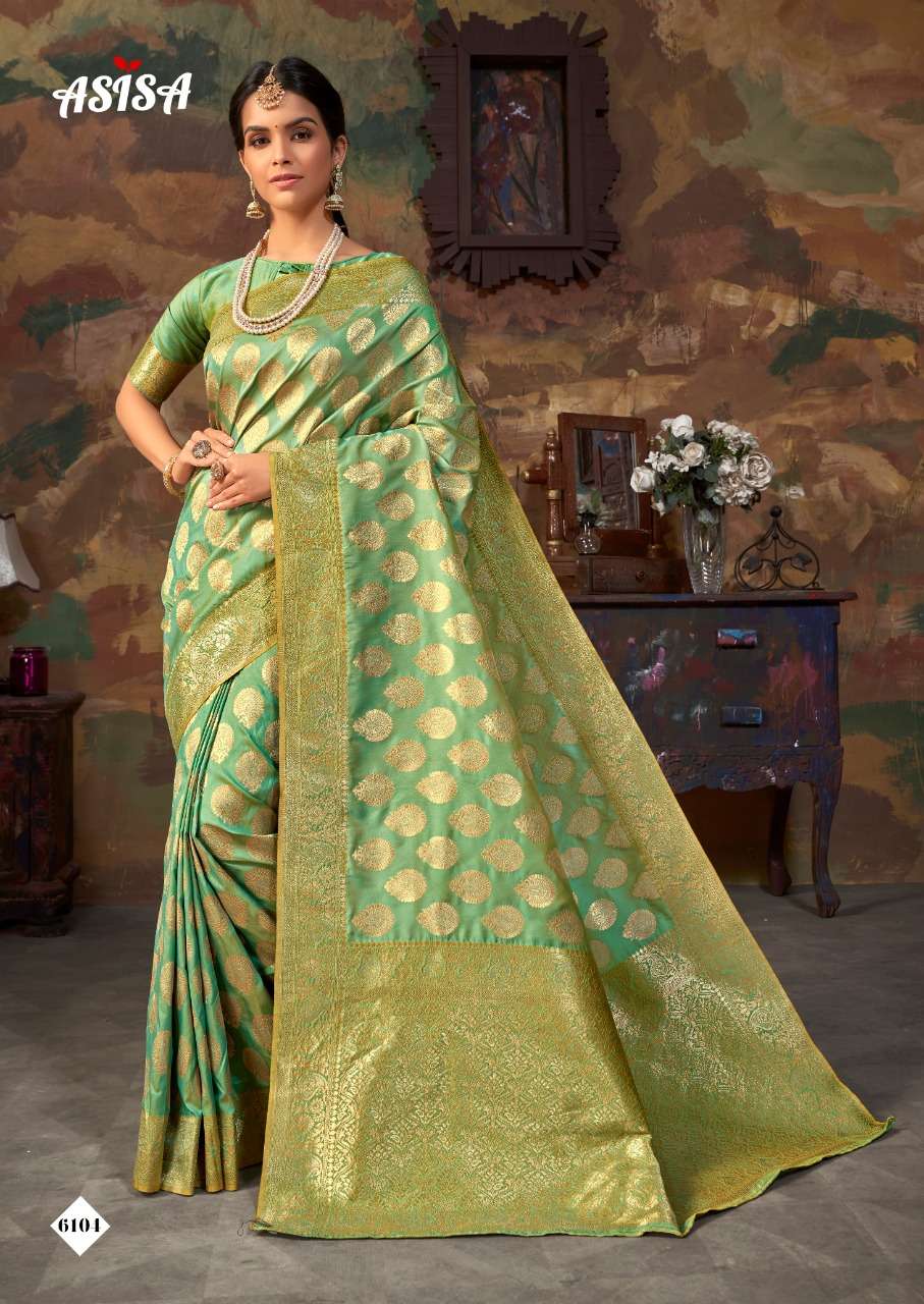 TULSI BY ASISA 6101 TO 6106 SERIES INDIAN TRADITIONAL WEAR COLLECTION BEAUTIFUL STYLISH FANCY COLORFUL PARTY WEAR & OCCASIONAL WEAR BANARASI SILK SAREES AT WHOLESALE PRICE