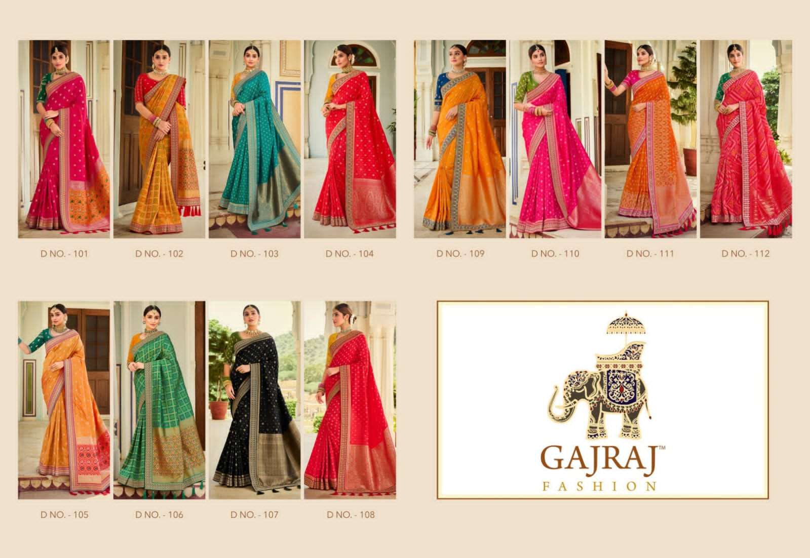 Gajraj 101 Series By Gajraj Fashion 101 To 112 Series Indian Traditional Wear Collection Beautiful Stylish Fancy Colorful Party Wear & Occasional Wear Fancy Sarees At Wholesale Price