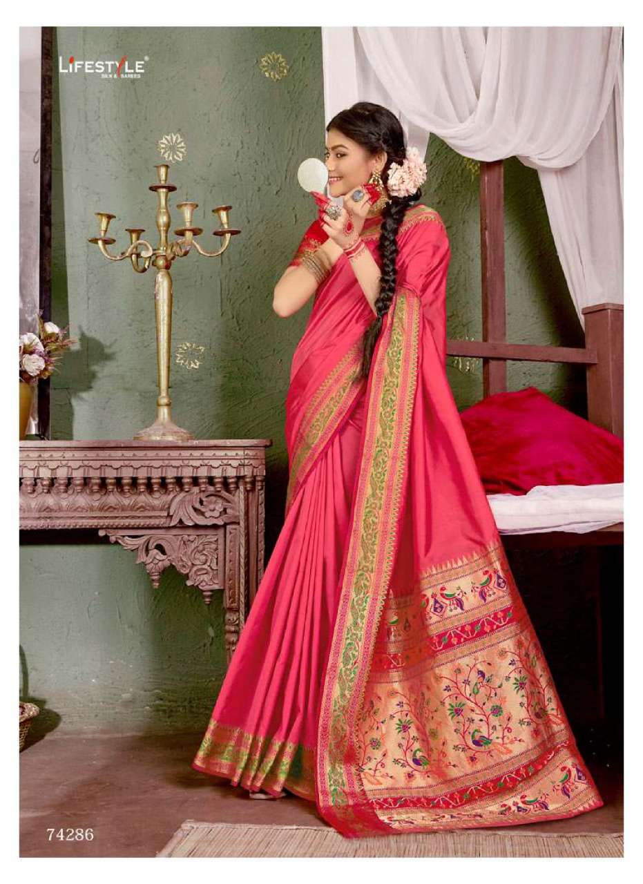 SILK BEAUTY BY LIFESTYLE SAREES 74281 TO 74286 SERIES INDIAN TRADITIONAL WEAR COLLECTION BEAUTIFUL STYLISH FANCY COLORFUL PARTY WEAR & OCCASIONAL WEAR LICHI SILK SAREES AT WHOLESALE PRICE