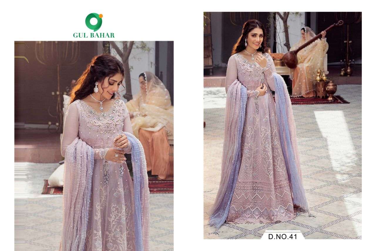 MUSHQ VOL-1 BY GUL BAHAR 41 TO 44 SERIES DESIGNER PAKISTANI SUITS BEAUTIFUL FANCY COLORFUL STYLISH PARTY WEAR & OCCASIONAL WEAR HEAVY BUTTERFLY NET EMBROIDERED DRESSES AT WHOLESALE PRICE