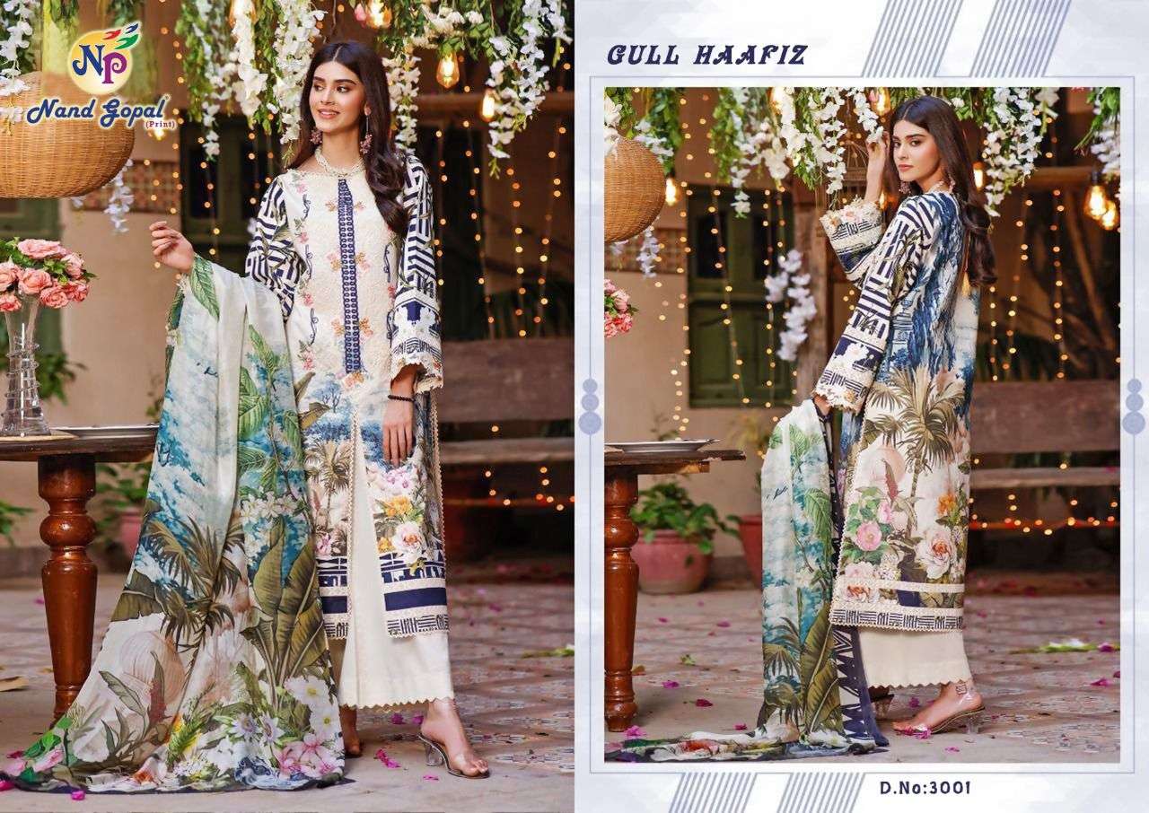 GULL HAAFIZ VOL-3 BY NAND GOPAL PRINT 3001 TO 3006 SERIES BEAUTIFUL STYLISH SHARARA SUITS FANCY COLORFUL CASUAL WEAR & ETHNIC WEAR & READY TO WEAR PURE COTTON PRINTED DRESSES AT WHOLESALE PRICE