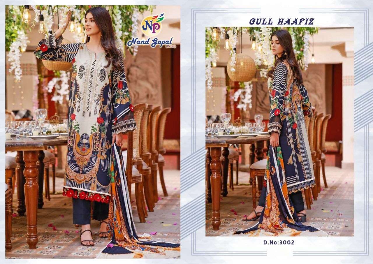 GULL HAAFIZ VOL-3 BY NAND GOPAL PRINT 3001 TO 3006 SERIES BEAUTIFUL STYLISH SHARARA SUITS FANCY COLORFUL CASUAL WEAR & ETHNIC WEAR & READY TO WEAR PURE COTTON PRINTED DRESSES AT WHOLESALE PRICE