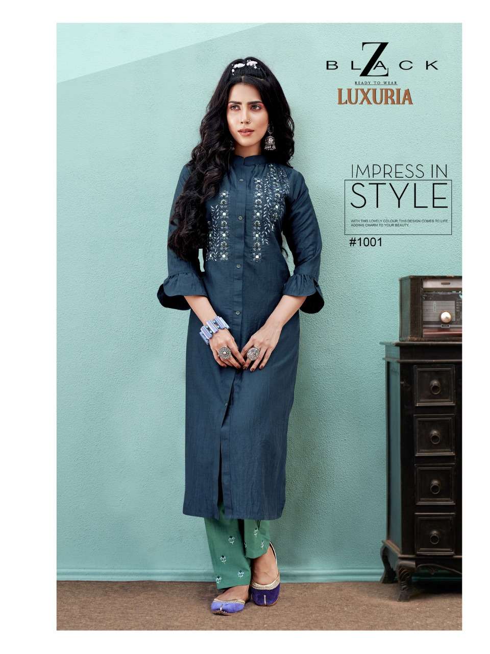 LUXURIA BY Z BLACK 1001 TO 1006 SERIES DESIGNER STYLISH FANCY COLORFUL BEAUTIFUL PARTY WEAR & ETHNIC WEAR COLLECTION CHINNON SILK EMBROIDERY KURTIS WITH BOTTOM AT WHOLESALE PRICE