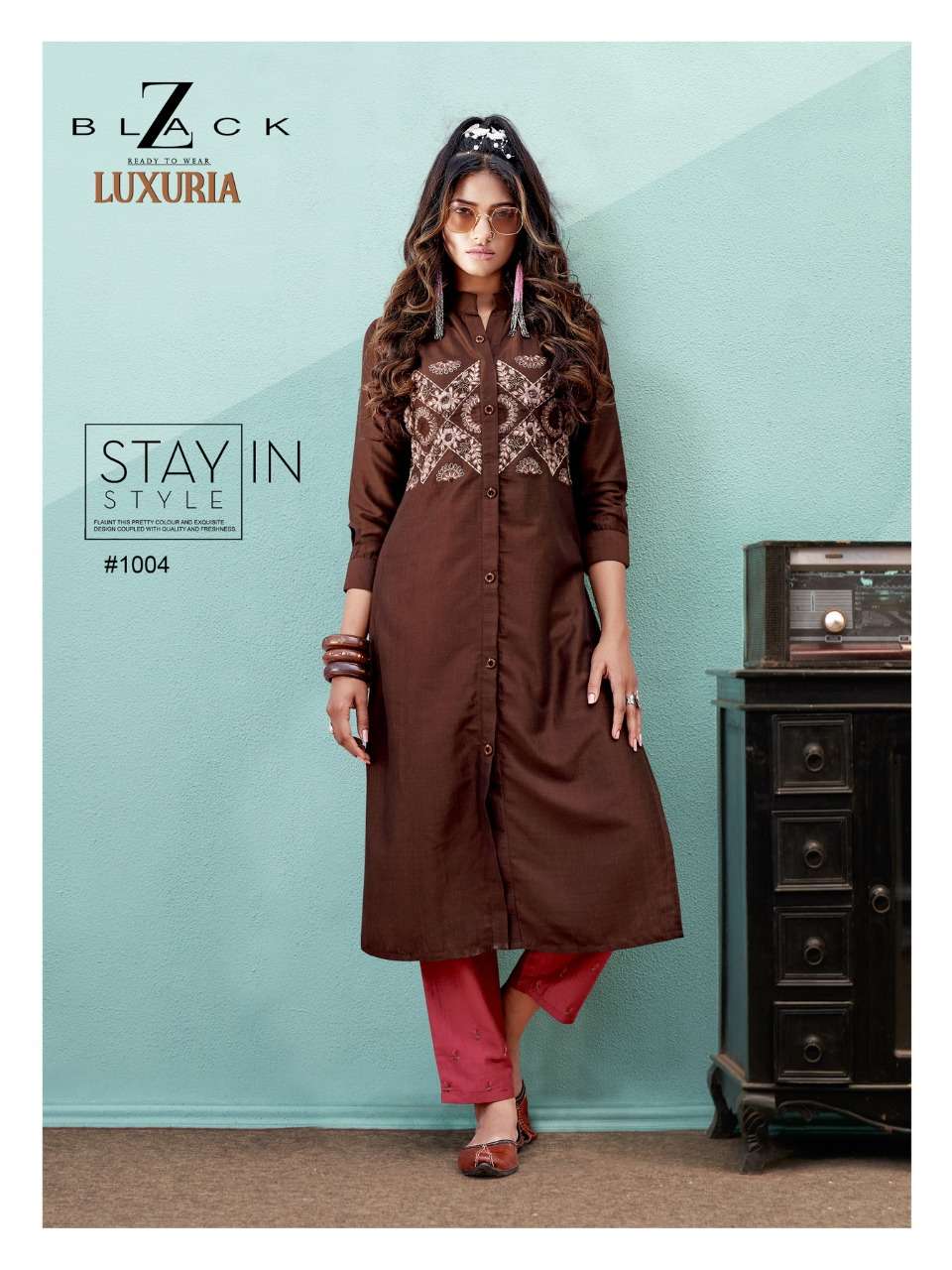 LUXURIA BY Z BLACK 1001 TO 1006 SERIES DESIGNER STYLISH FANCY COLORFUL BEAUTIFUL PARTY WEAR & ETHNIC WEAR COLLECTION CHINNON SILK EMBROIDERY KURTIS WITH BOTTOM AT WHOLESALE PRICE