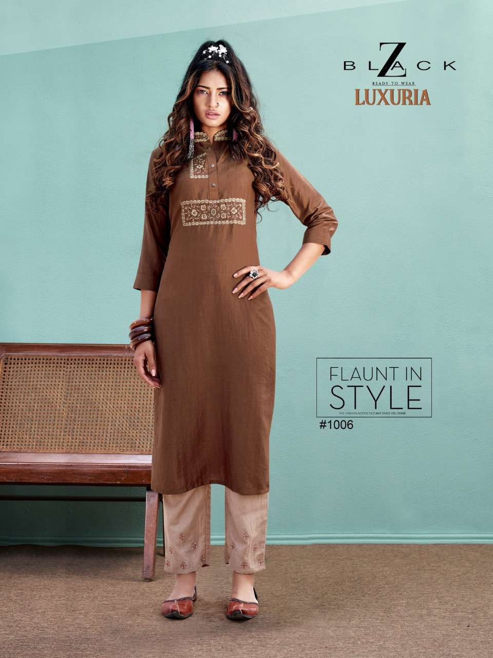 LUXURIA BY Z BLACK 1001 TO 1006 SERIES DESIGNER STYLISH FANCY COLORFUL BEAUTIFUL PARTY WEAR & ETHNIC WEAR COLLECTION CHINNON SILK EMBROIDERY KURTIS WITH BOTTOM AT WHOLESALE PRICE