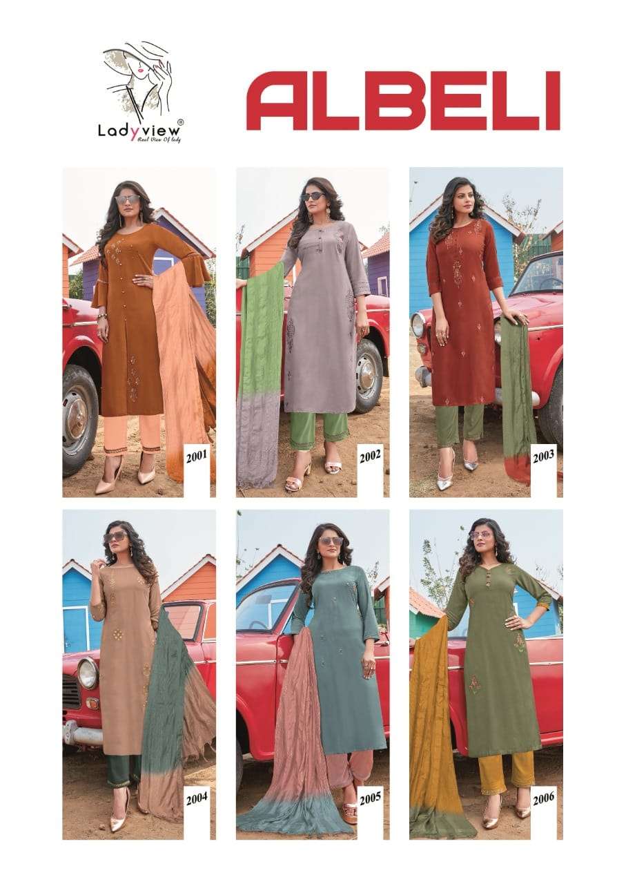 ALBELI BY LADY VIEW 2001 TO 2006 SERIES BEAUTIFUL SUITS COLORFUL STYLISH FANCY CASUAL WEAR & ETHNIC WEAR RAYON EMBROIDERED DRESSES AT WHOLESALE PRICE
