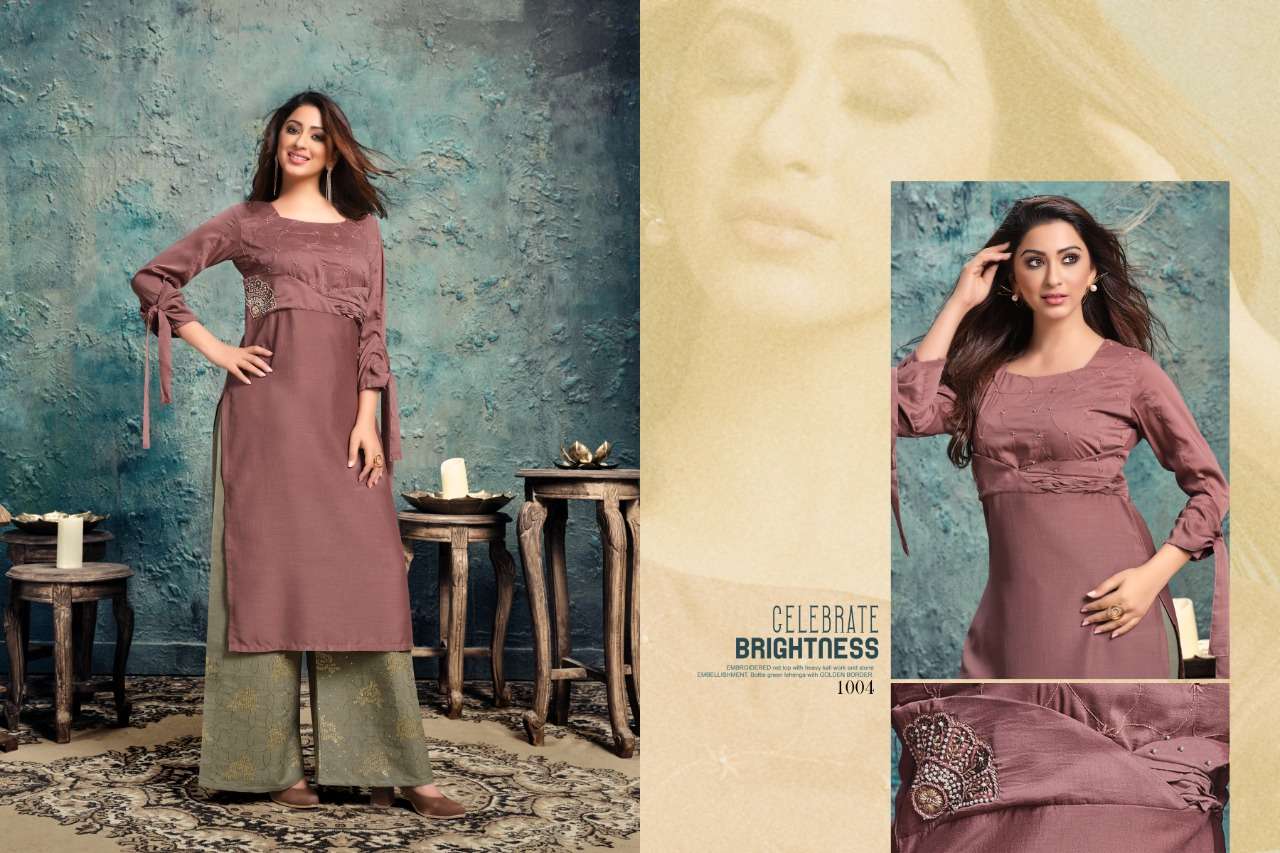 INNARA BY SLIVA 1001 TO 1005 SERIES DESIGNER STYLISH FANCY COLORFUL BEAUTIFUL PARTY WEAR & ETHNIC WEAR COLLECTION CHINNON EMBROIDERY KURTIS WITH BOTTOM AT WHOLESALE PRICE