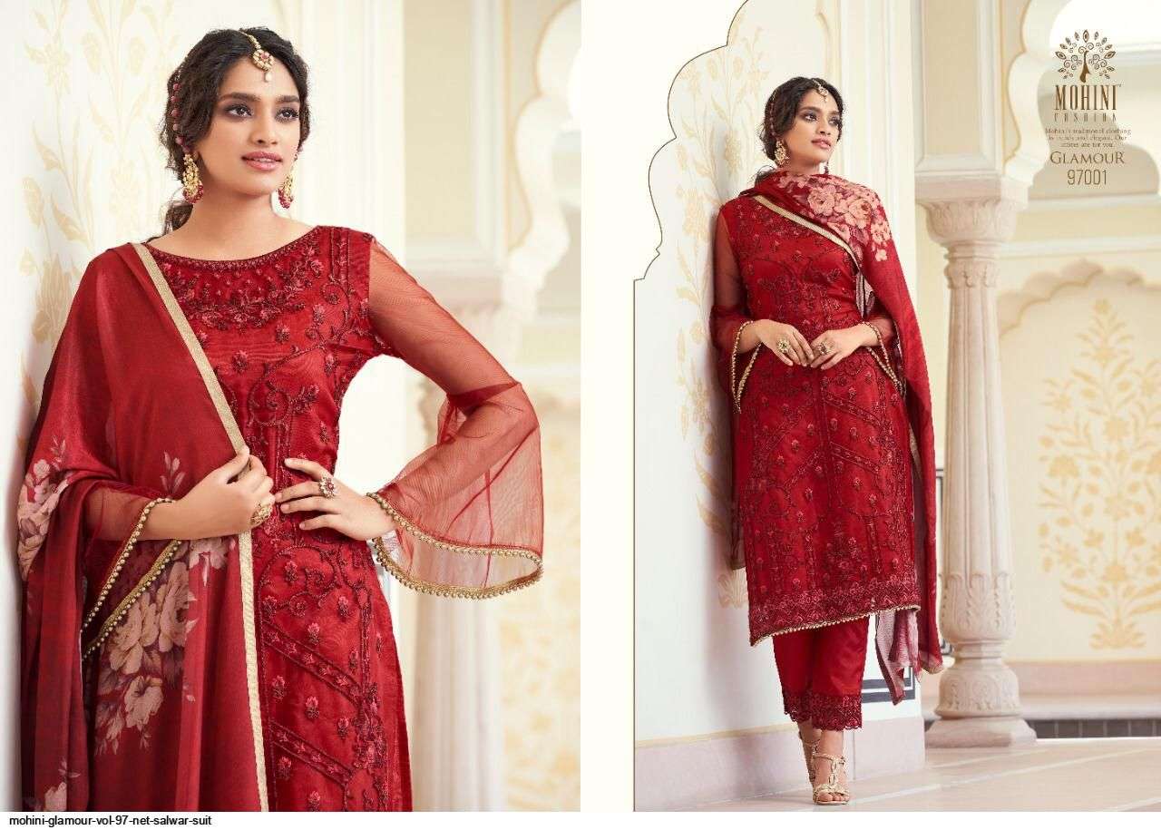 GLAMOUR VOL-97 BY MOHINI FASHION 97001 TO 97006 SERIES DESIGNER FESTIVE SUITS COLLECTION BEAUTIFUL STYLISH FANCY COLORFUL PARTY WEAR & OCCASIONAL WEAR NET EMBROIDERED DRESSES AT WHOLESALE PRICE